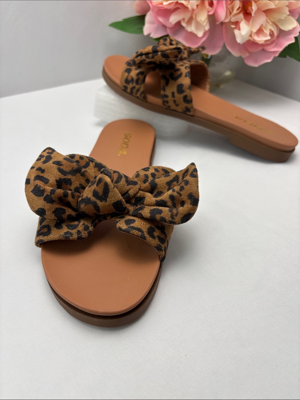 Soda Womens 6.5 Leopard Print Bow Slide Sandals - Brown 710